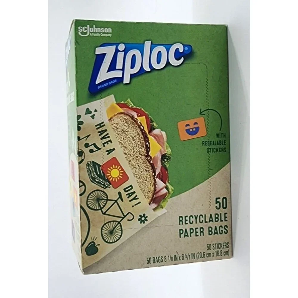 NEW Ziploc Recyclable Paper Bags + Resealable Stickers Fun Designs 50‎ Count
